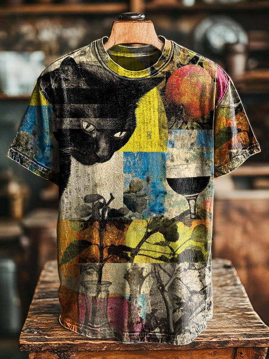 Black Cat Collage Print Casual Short-Sleeve T-Shirt