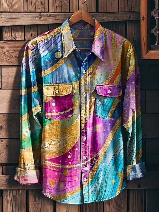 Gold Foil Watercolor Print Casual Long-Sleeved Shirt