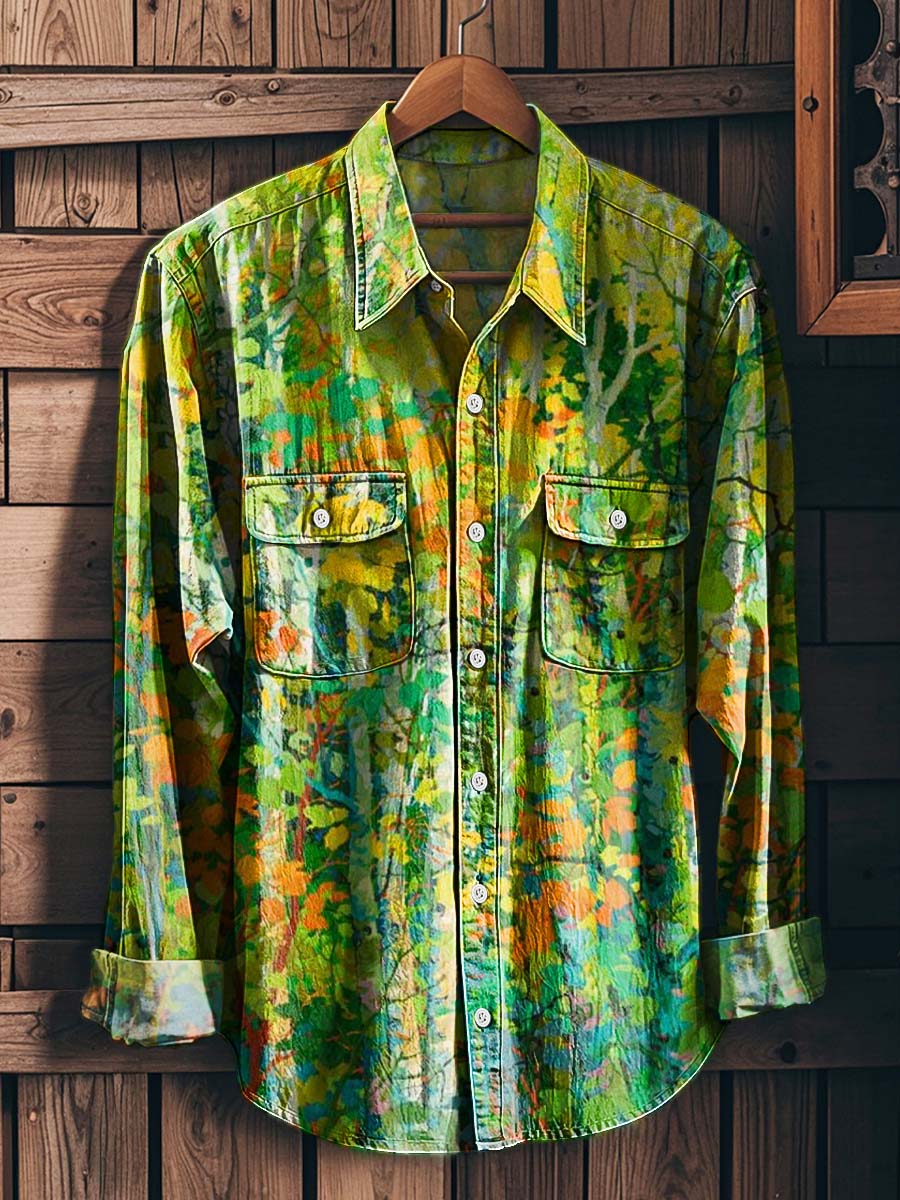 Forest Oil Painting Print Casual Long-Sleeved Shirt