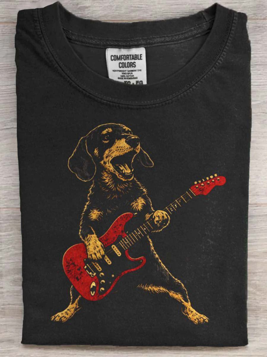 Dachshund Guitarist Print Casual Short-Sleeve T-Shirt