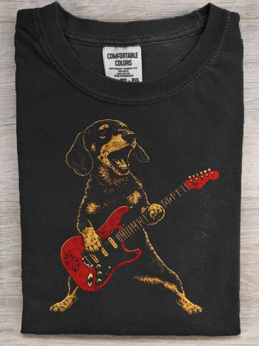 Dachshund Guitarist Print Casual Short-Sleeve T-Shirt