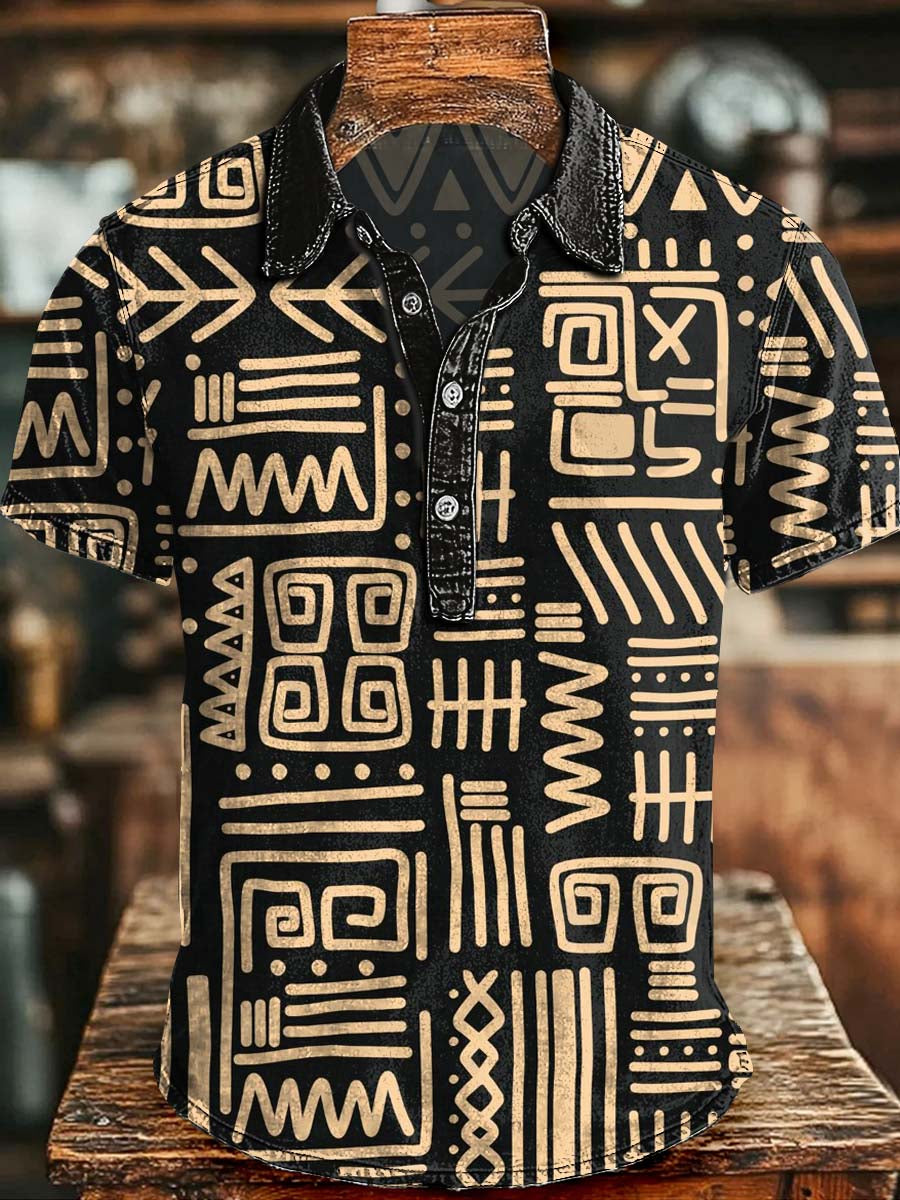 Gold-Patterned African Totem Print Casual Short-Sleeved Polo Shirt