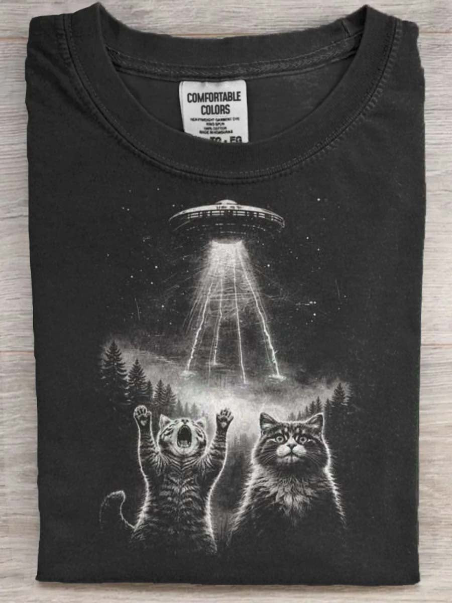 Cat UFO Print Casual Short-Sleeve T-Shirt