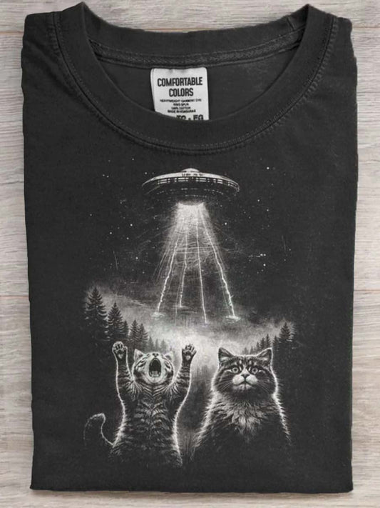 Cat UFO Print Casual Short-Sleeve T-Shirt