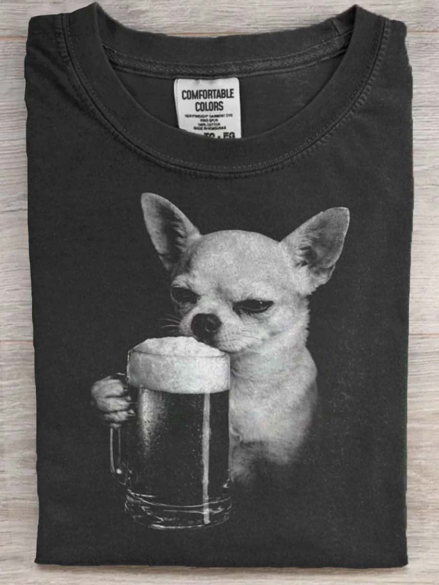 Chihuahua Drinking Beer Print Casual Short-Sleeved T-Shirt