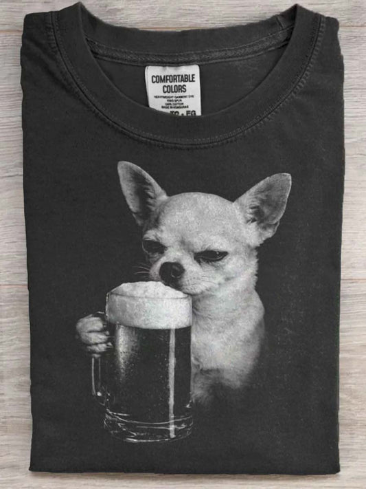Chihuahua Drinking Beer Print Casual Short-Sleeved T-Shirt
