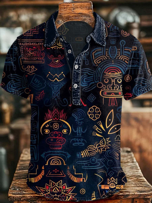Aztec Totem Print Casual Short-Sleeved Polo Shirt