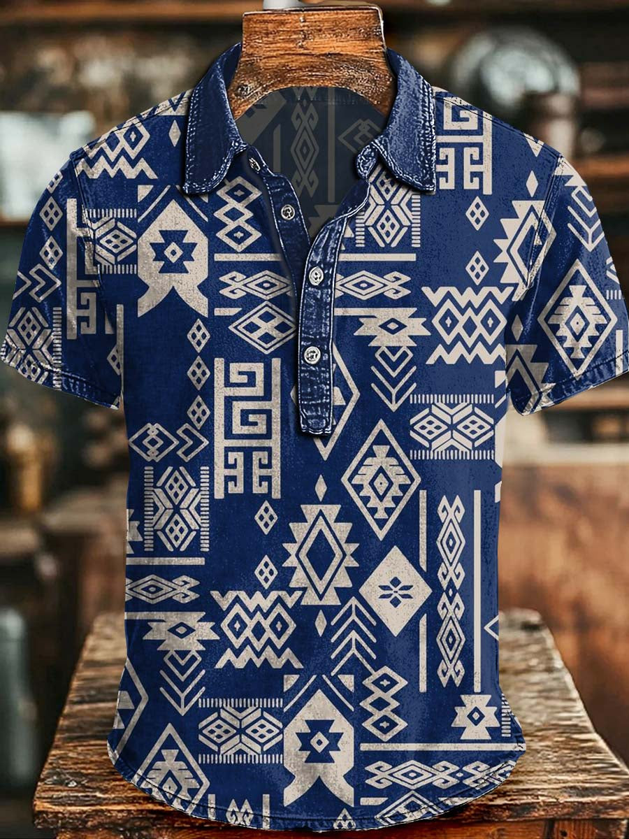 Aztec Geometric Print Casual Short-Sleeved Polo Shirt