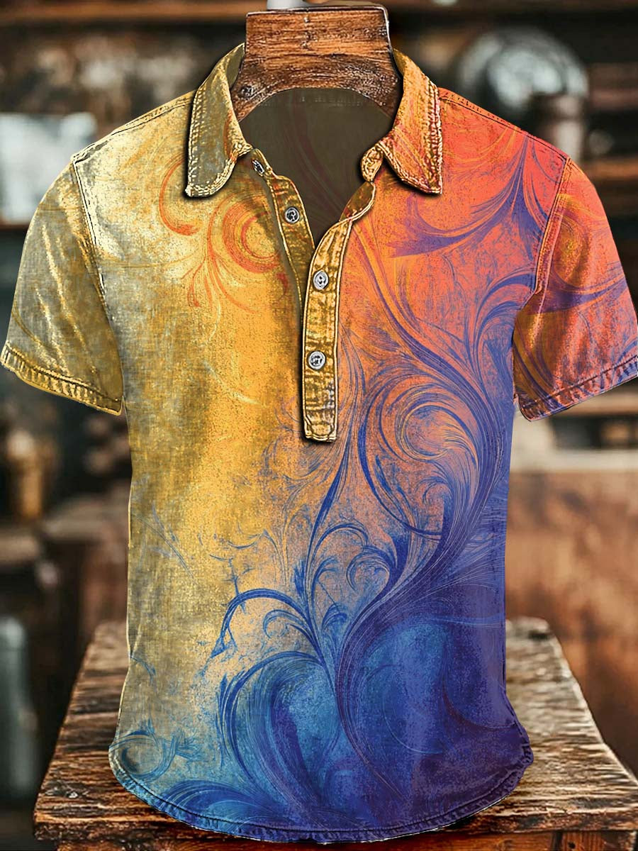 Gradient Scroll Print Casual Short-Sleeved Polo Shirt