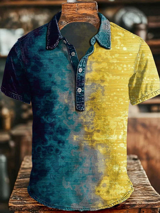 Tie-Dye Patchwork Print Casual Short-Sleeved Polo Shirt