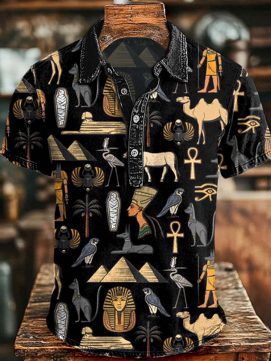 Ancient Egyptian Print Casual Short-Sleeved Polo Shirt