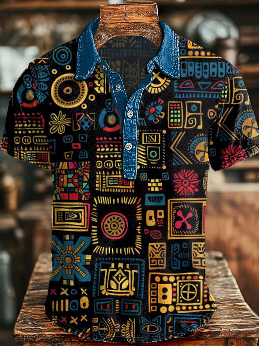Colorful Ethnic Geometric Print Casual Short-Sleeved Polo Shirt
