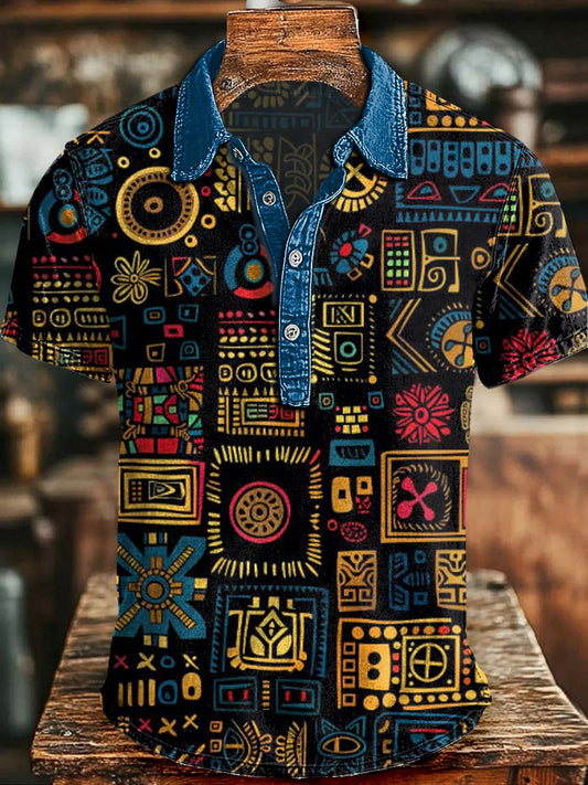 Colorful Ethnic Geometric Print Casual Short-Sleeved Polo Shirt