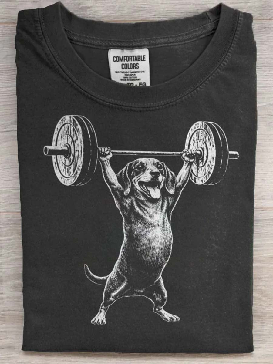 Dachshund Weightlifting Print Casual Short-Sleeve T-Shirt