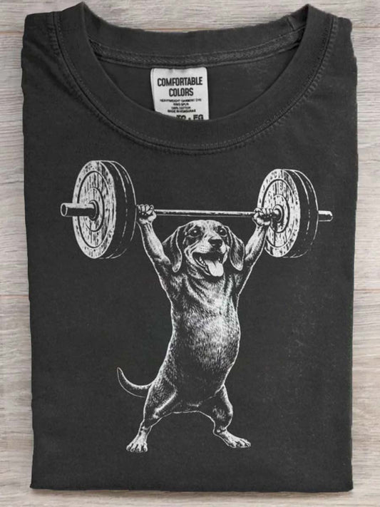 Dachshund Weightlifting Print Casual Short-Sleeve T-Shirt
