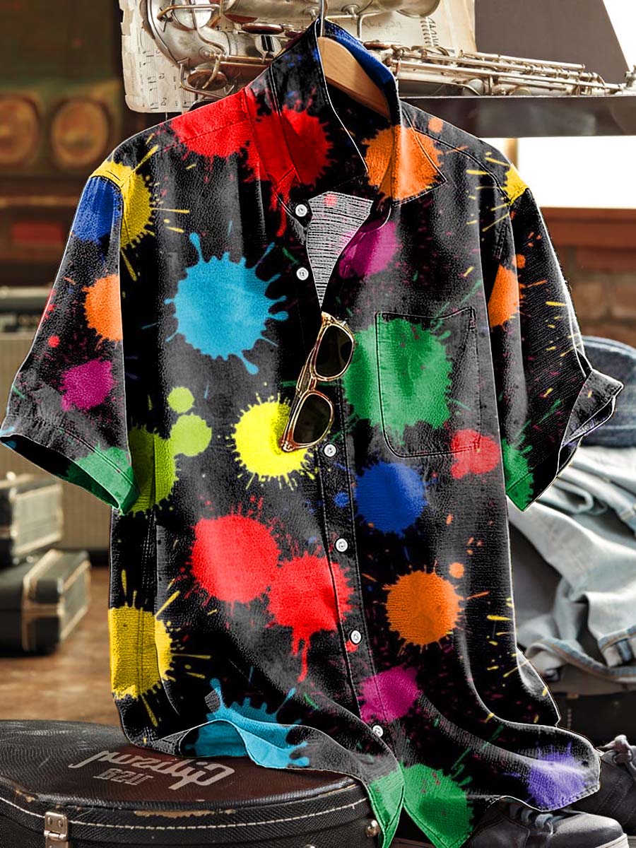 Abstract Rainbow Splatter Print Casual Short-Sleeved Shirt