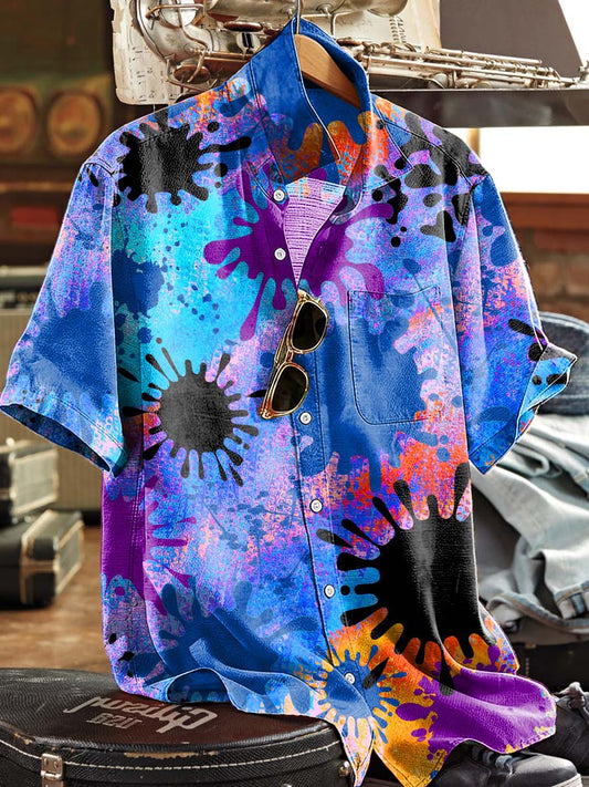 Abstract, Vibrant Ink-Splatter Print Casual Short-Sleeved Shirt