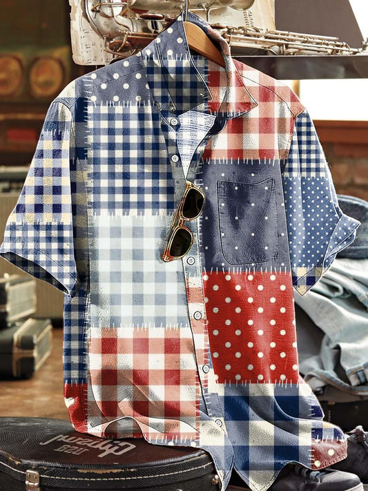 Color-Blocked Plaid Polka Dot Patchwork Print Casual Short-Sleeved Shirt