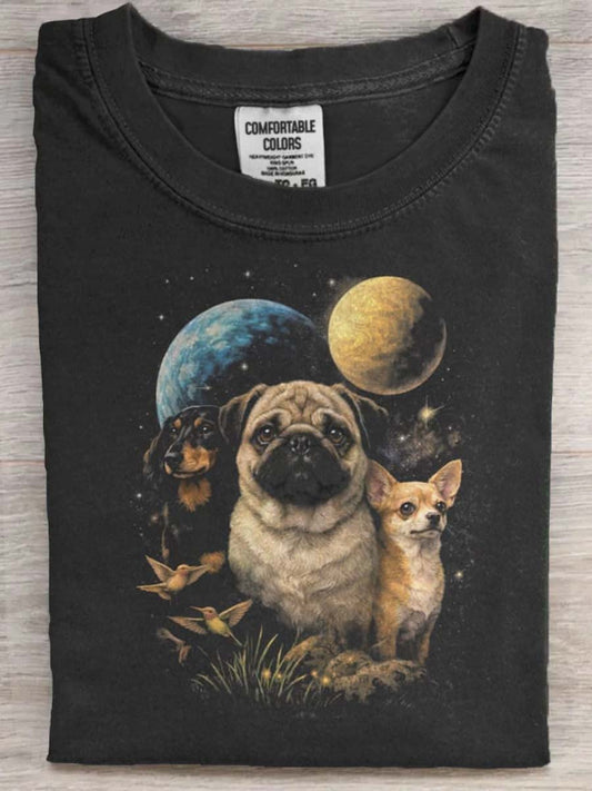 Space Dog Print Casual Short-Sleeve T-Shirt