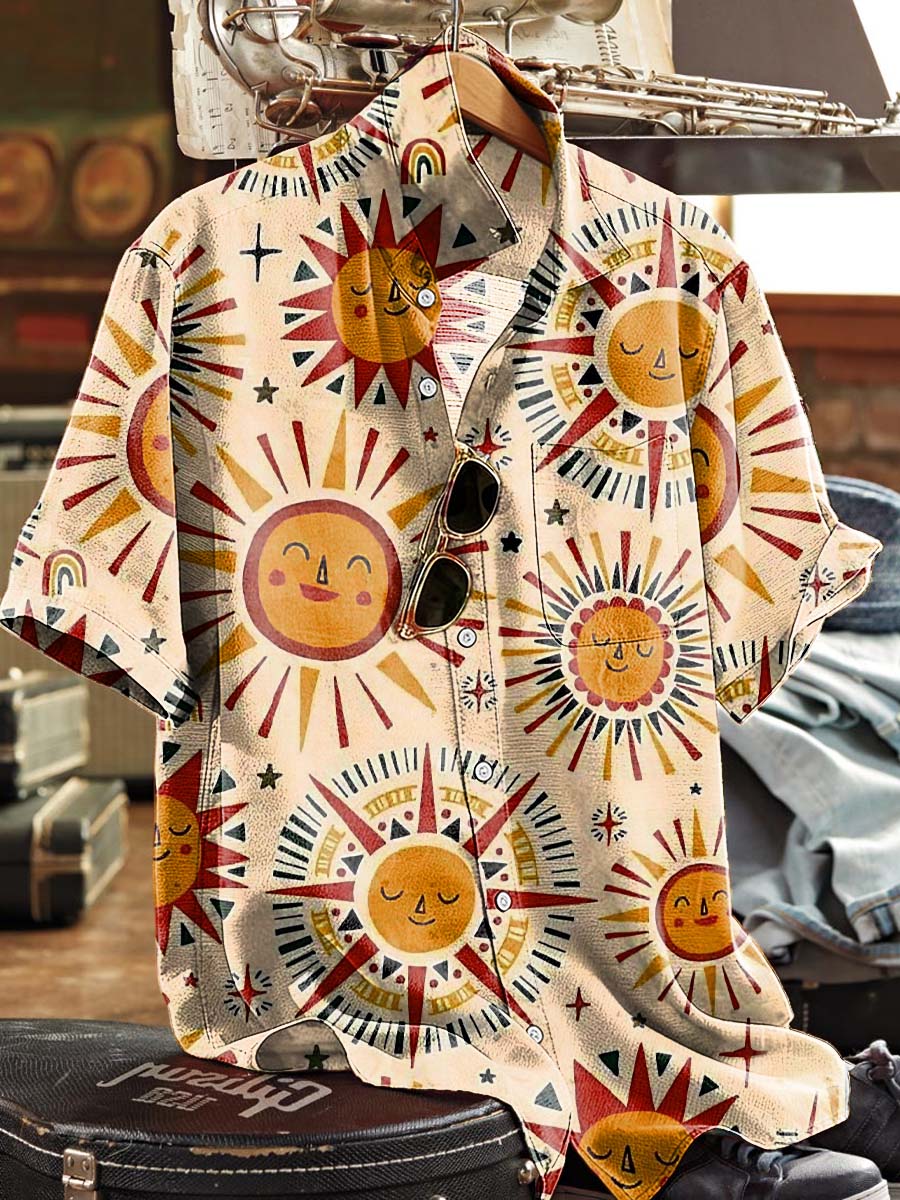 Cartoon Sun Totem Print Casual Short-Sleeved Shirt