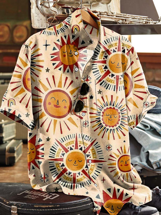 Cartoon Sun Totem Print Casual Short-Sleeved Shirt