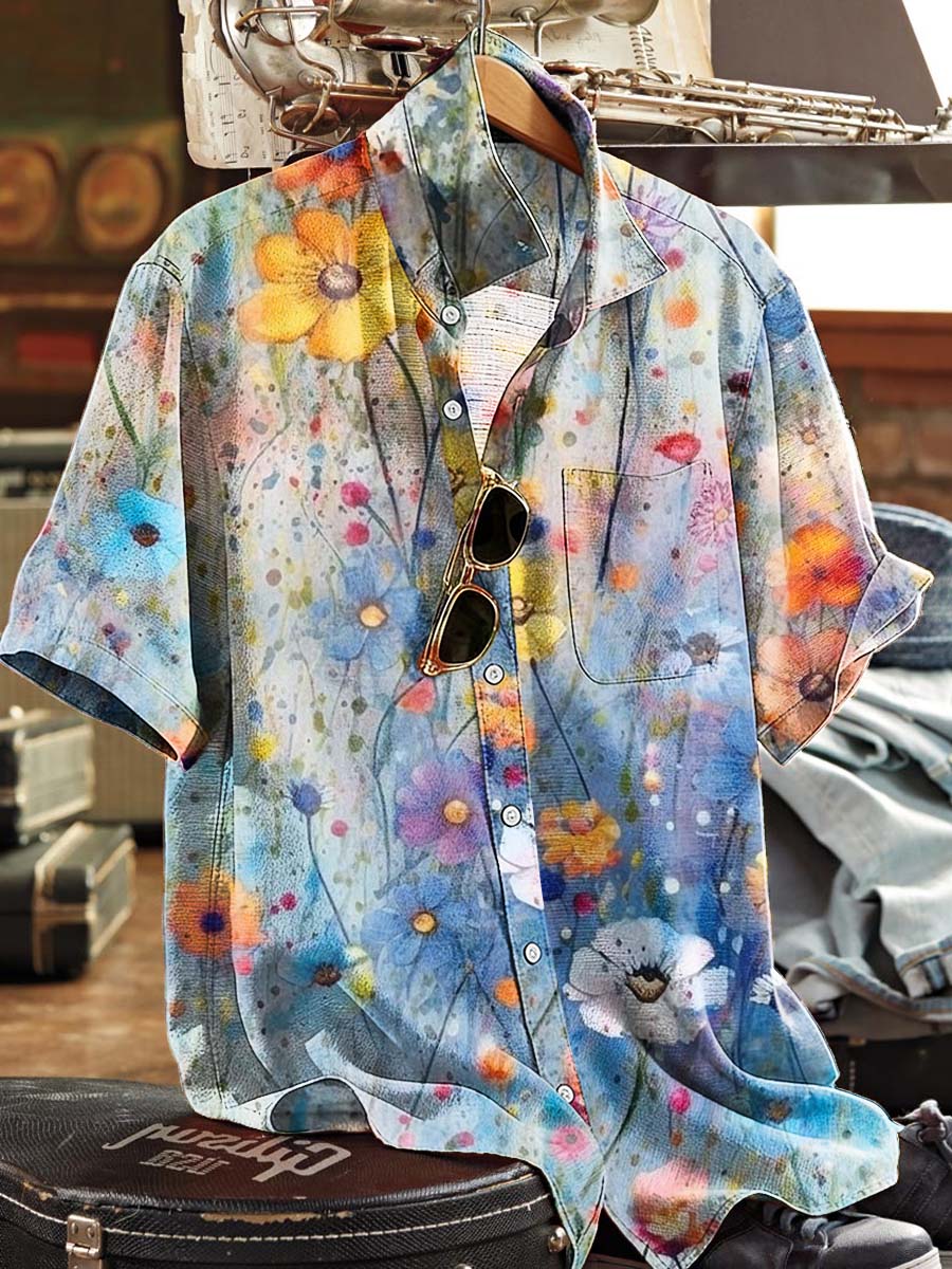 Abstract Watercolor Floral Print Casual Short-Sleeved Shirt