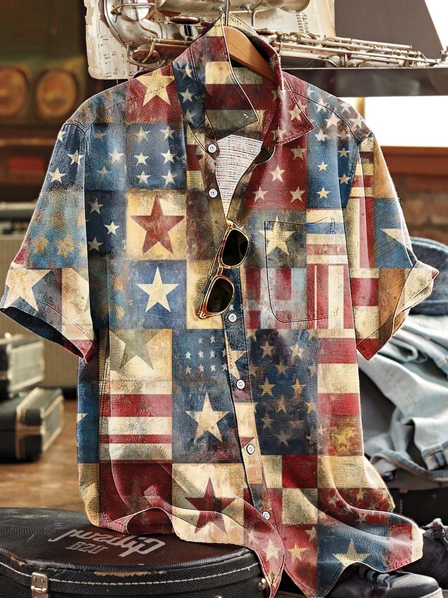 Distressed Stars And Stripes Patchwork Print Casual Short-Sleeve Shirt