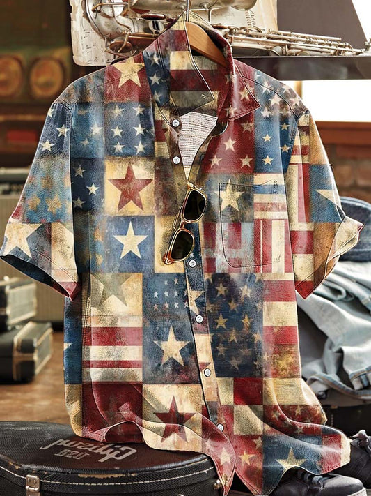 Distressed Stars And Stripes Patchwork Print Casual Short-Sleeve Shirt