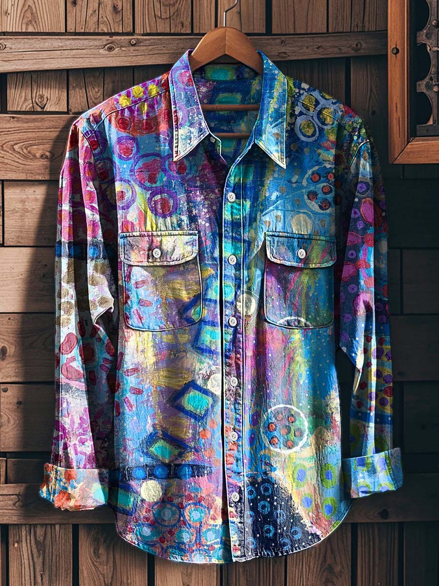 Oil Painting-Inspired Abstract Print Casual Long-Sleeved Shirt
