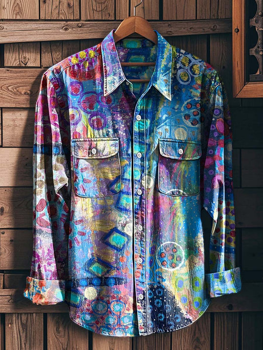 Oil Painting-Inspired Abstract Print Casual Long-Sleeved Shirt