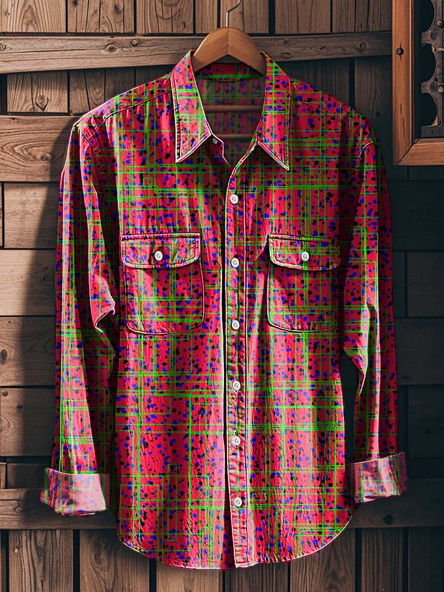 Plaid Splatter Print Casual Long-Sleeved Shirt