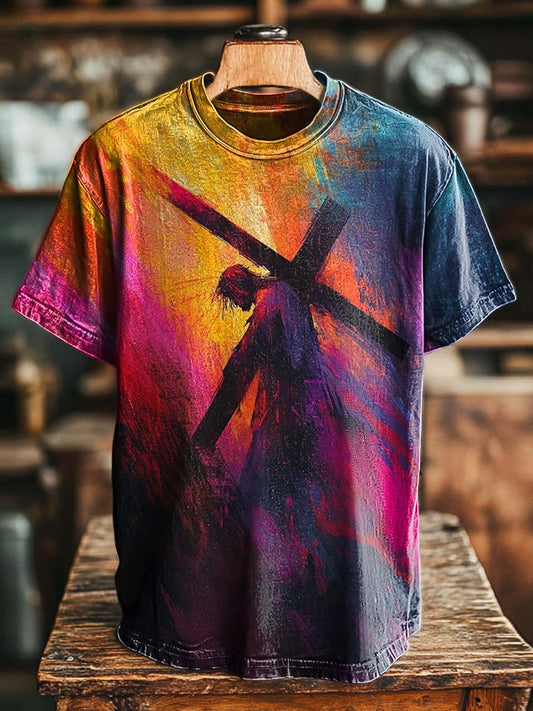 Oil Painting Jesus Cross Print Casual Short-Sleeved T-Shirt
