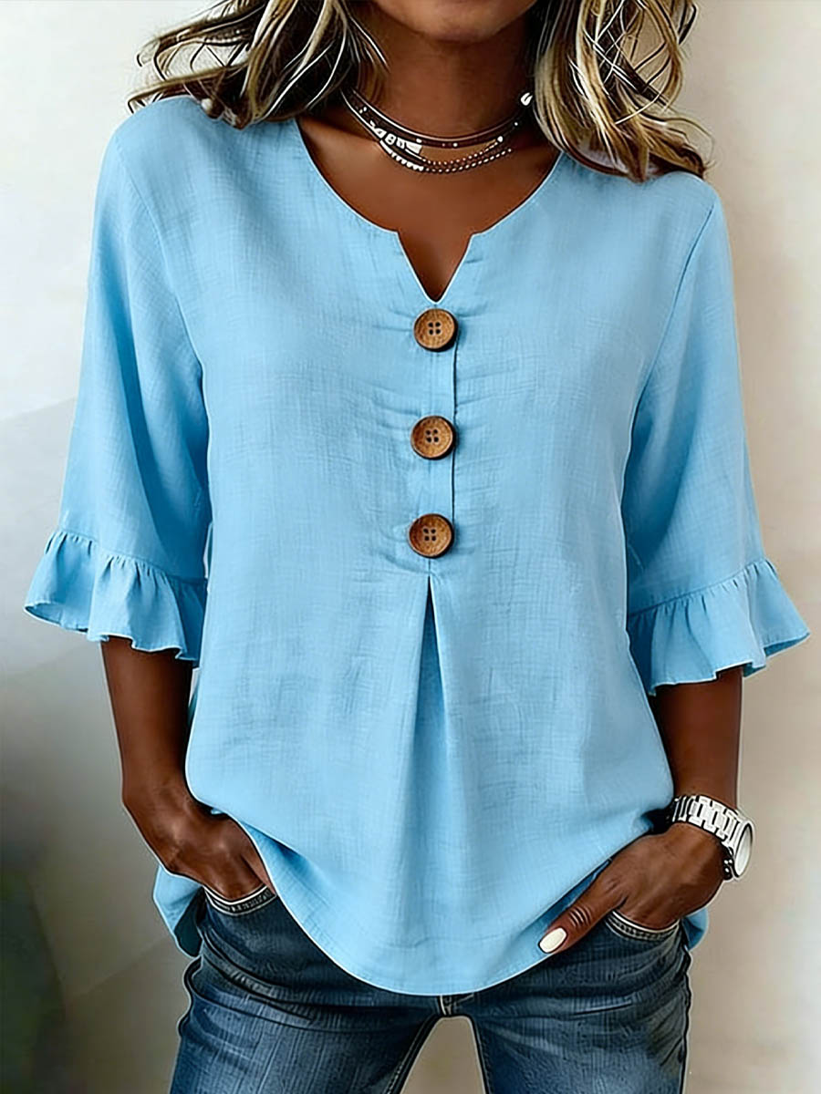 Women's V-Neck Three-Quarter Sleeve Top With Ruffled Trim