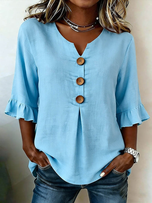 Women's V-Neck Three-Quarter Sleeve Top With Ruffled Trim