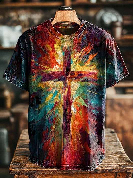 Oil Painting Cross Print Casual Short-Sleeved T-Shirt