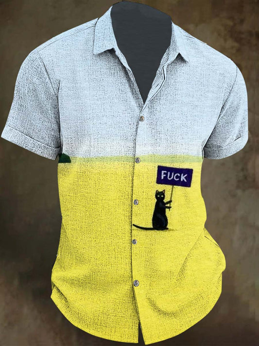 Funny Cat Print Casual Vacation Short-Sleeve Shirt