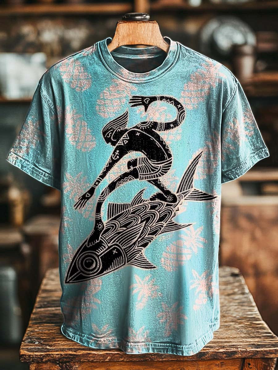 Tribal Mermaid Riding Fish Printed Casual Short-Sleeve T-Shirt