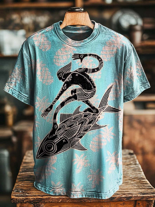 Tribal Mermaid Riding Fish Printed Casual Short-Sleeve T-Shirt