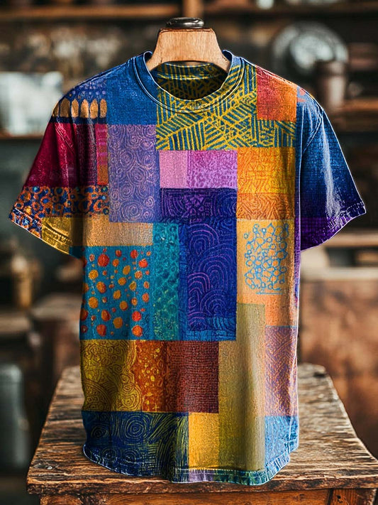 Ethnic-Style Patchwork Printed Casual Short-Sleeved T-Shirt