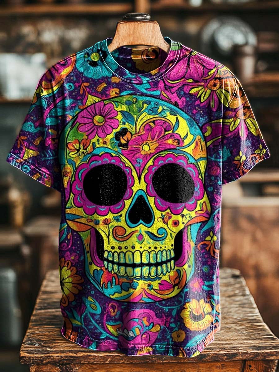 Colorful Candy Skull Print Casual Short-Sleeve T-Shirt