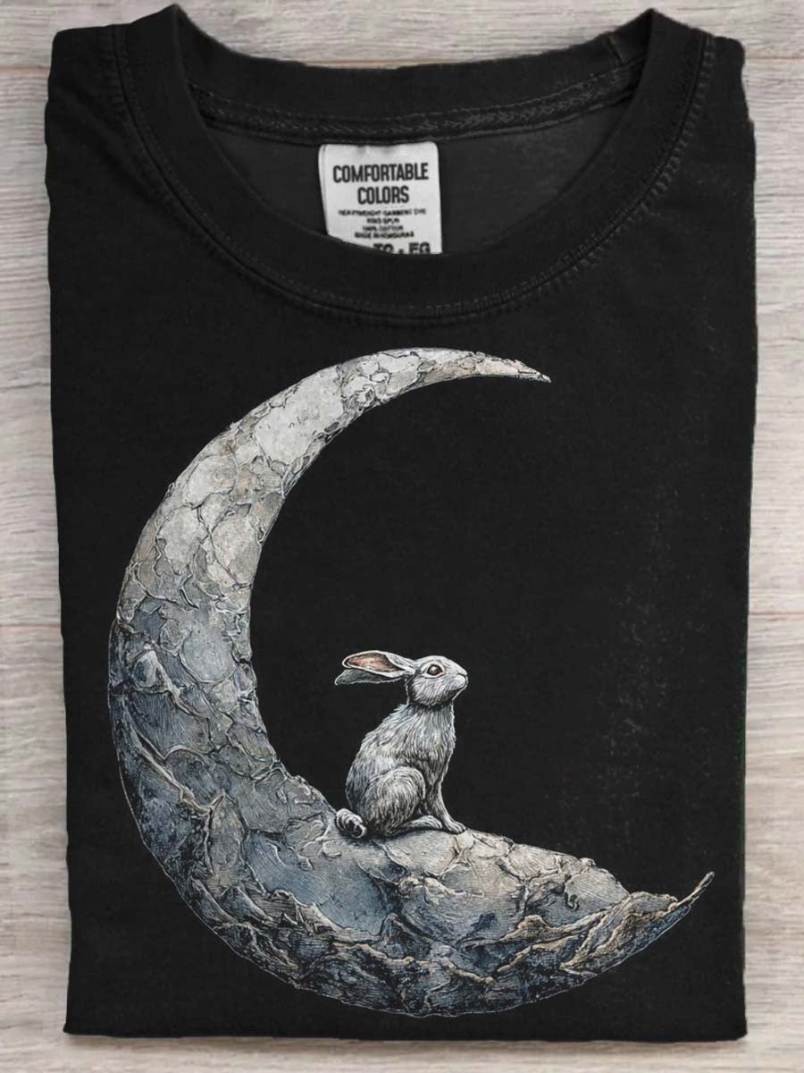 Moon Rabbit Gazing at the Moon Print Casual Short-Sleeve T-Shirt