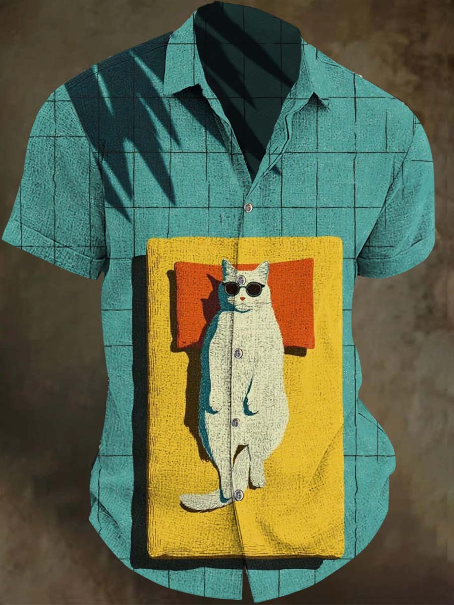 Lying Cat Print Casual Vacation Short-Sleeve Shirt