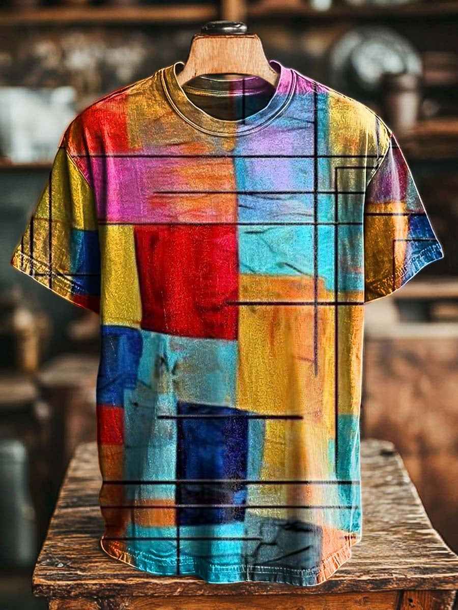 Mondrian Abstract Color Block Print Casual Short-Sleeve T-Shirt