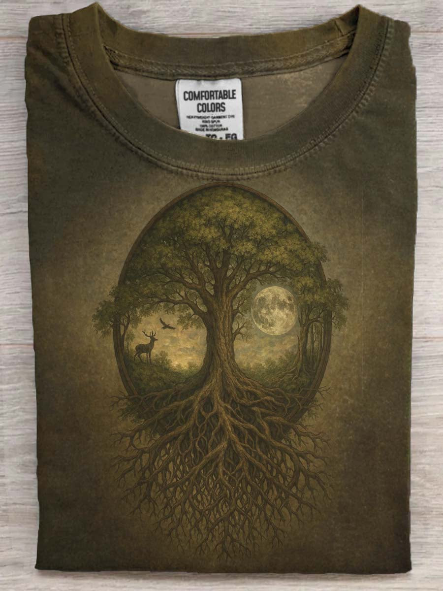 Tree of Life Forest Deer Print Casual Short-Sleeve T-Shirt