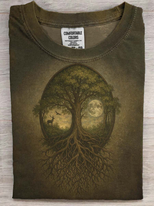 Tree of Life Forest Deer Print Casual Short-Sleeve T-Shirt