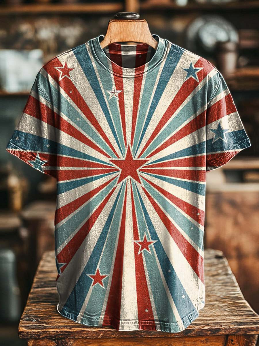 Retro Radiant Star Stripe Print Casual Short-Sleeve T-Shirt