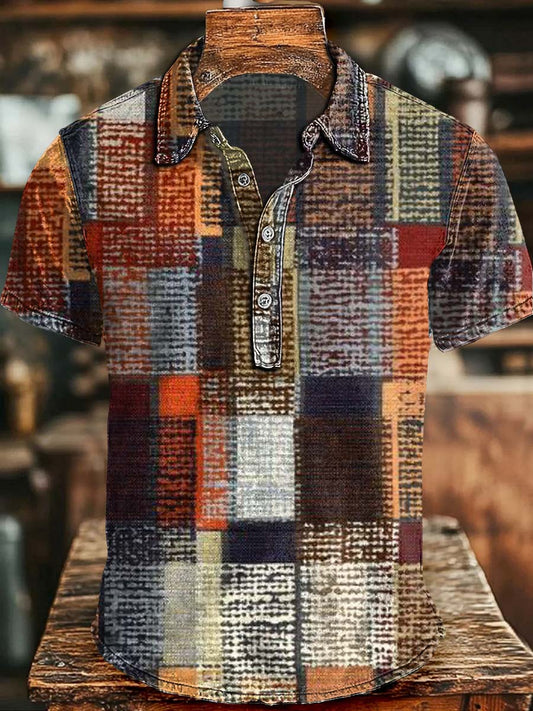 Distressed Plaid Retro Print Casual Short-Sleeved Polo Shirt
