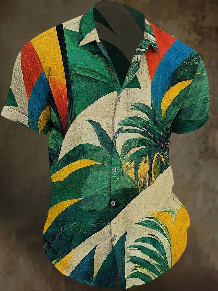 Abstract Palm Leaf Print Casual Vacation Short-Sleeved Shirt