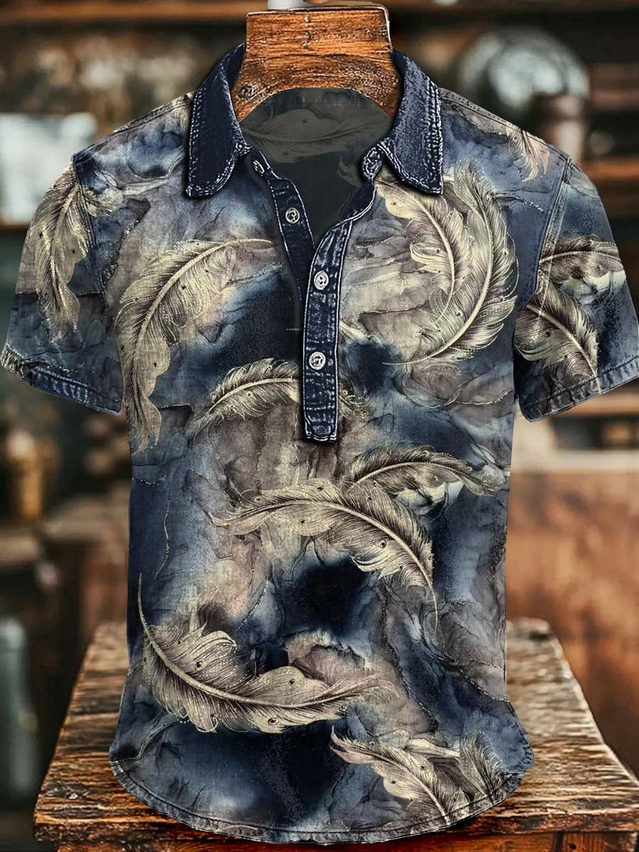 Ink Wash Feather Print Casual Short-Sleeved Polo Shirt