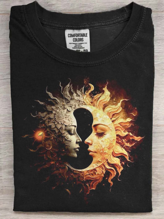 Sun and Moon Face Print Casual Short-Sleeve T-Shirt